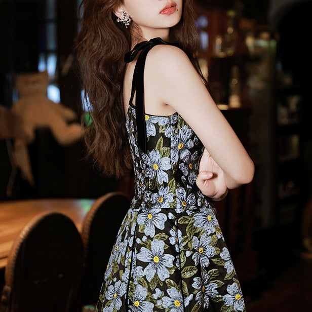 フラワージャガードリボンキャミフレアワンピース