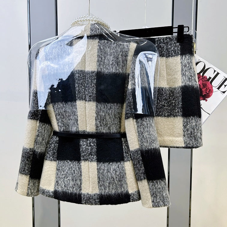 ギンガムチェックウールジャケットスカートセットアップ