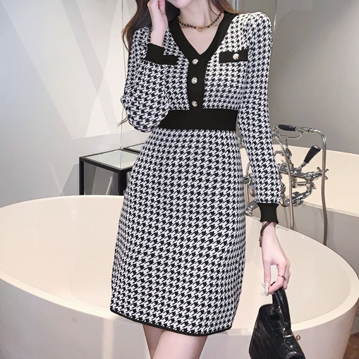 千鳥格子柄Vネックミニワンピース