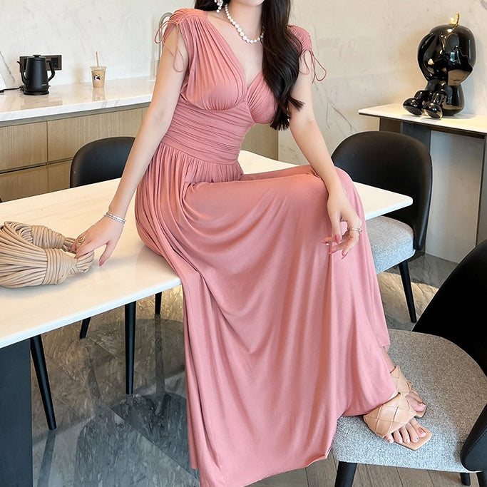 Vネックシャーリングロングワンピース