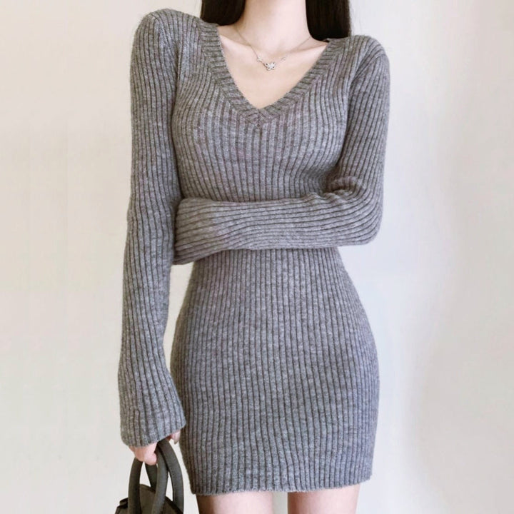 Vネックリブミニワンピース