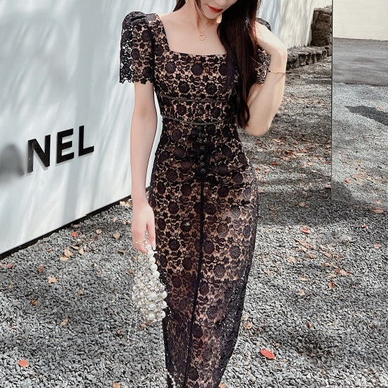 スクエアカラーレースロングワンピース