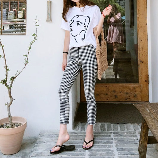 ハイウエストギンガムチェックレギンスパンツ