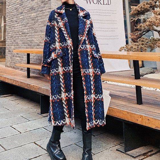 チェック柄ツイードロングコート