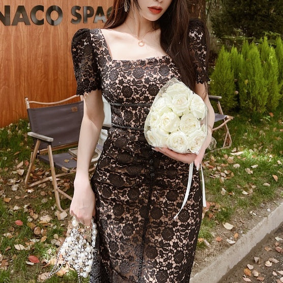 スクエアカラーレースロングワンピース