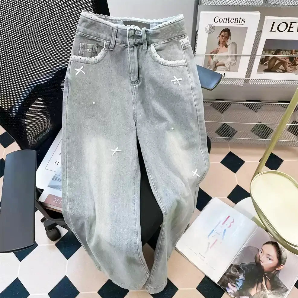 ハイウエストレースリボンワイドデニムパンツ