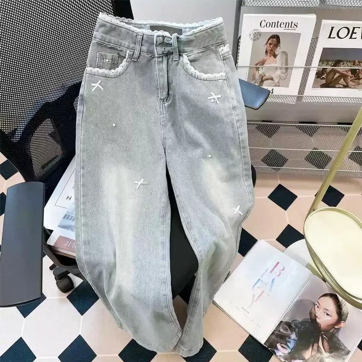 ハイウエストレースリボンワイドデニムパンツ