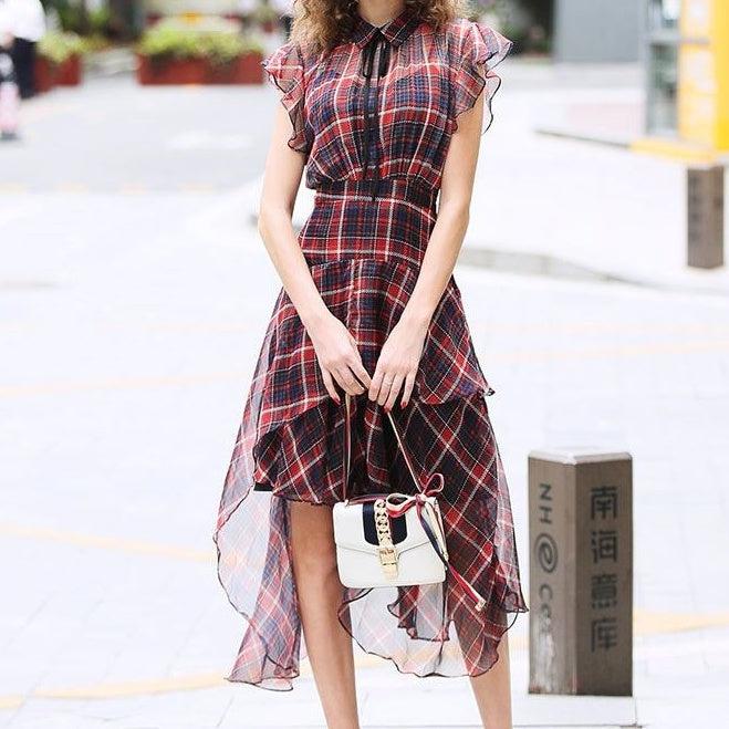 チェック柄シフォンワンピース