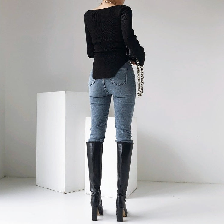 スクエアカラーリブニットトップス