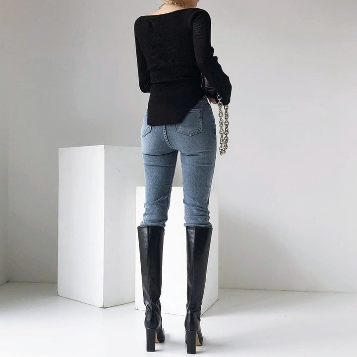 スクエアカラーリブニットトップス