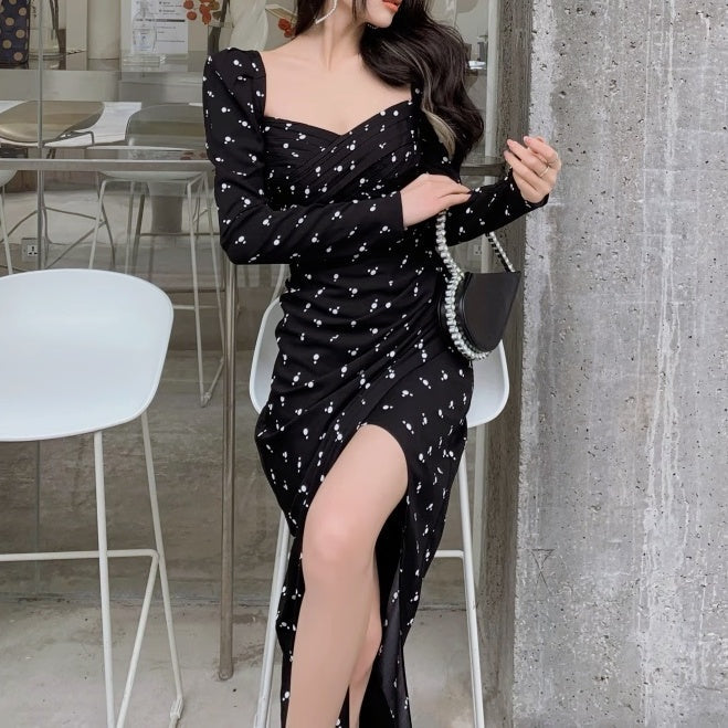 スクエアカラープリントロングワンピース