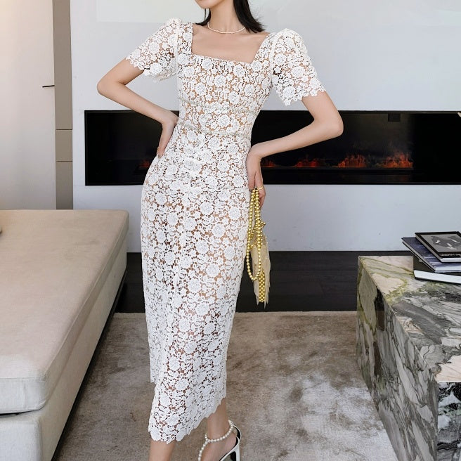 スクエアカラーレースロングワンピース