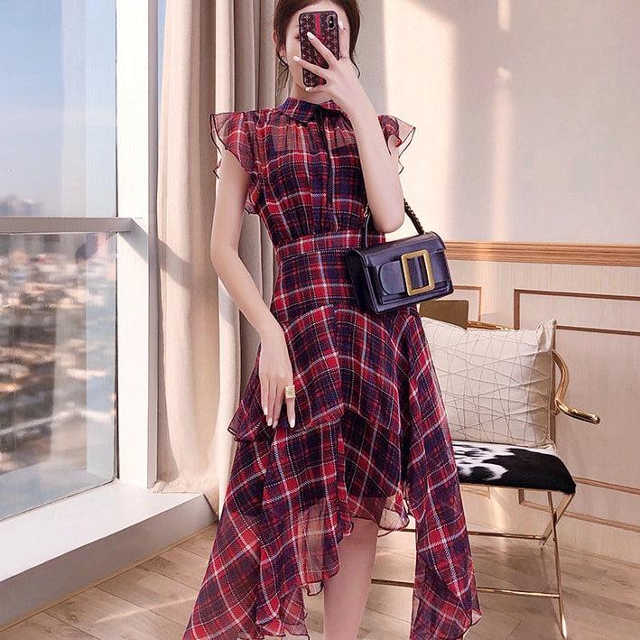 チェック柄シフォンワンピース