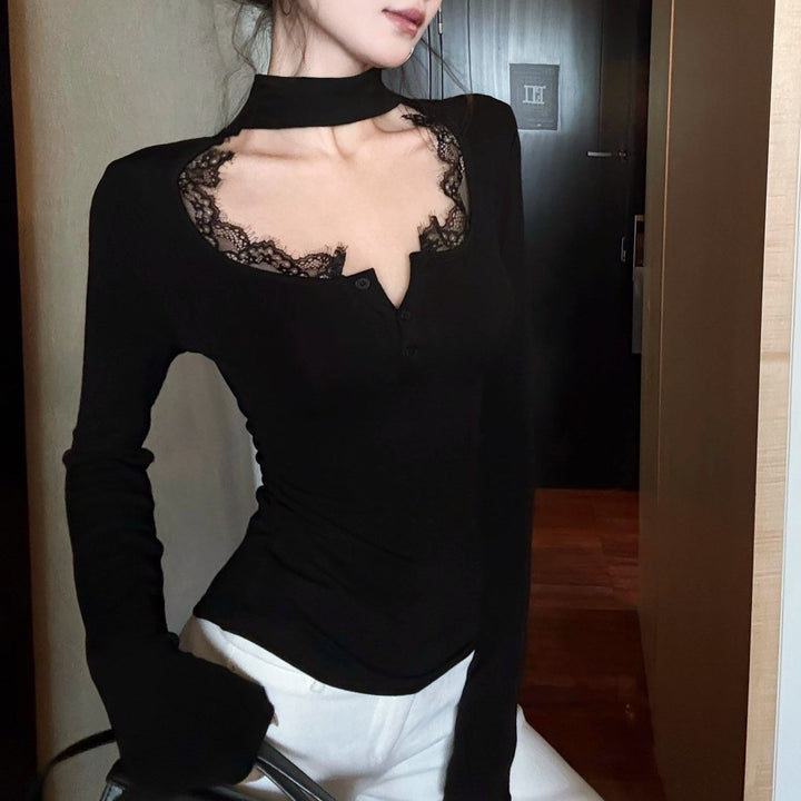 Uネックレースコンビトップス