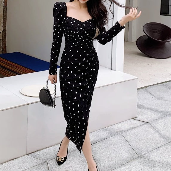 スクエアカラープリントロングワンピース