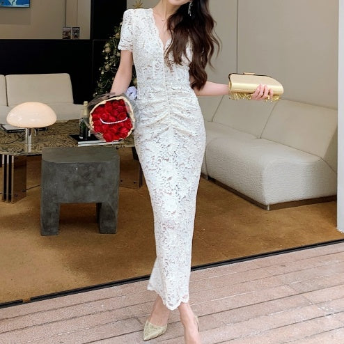 フレンチレトロVネックレースドレス