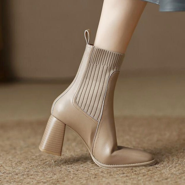 レザーリブストレッチショートブーツ