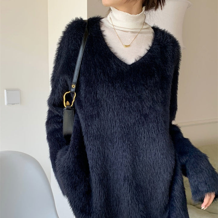 オーバーサイズVネックベルベットニット