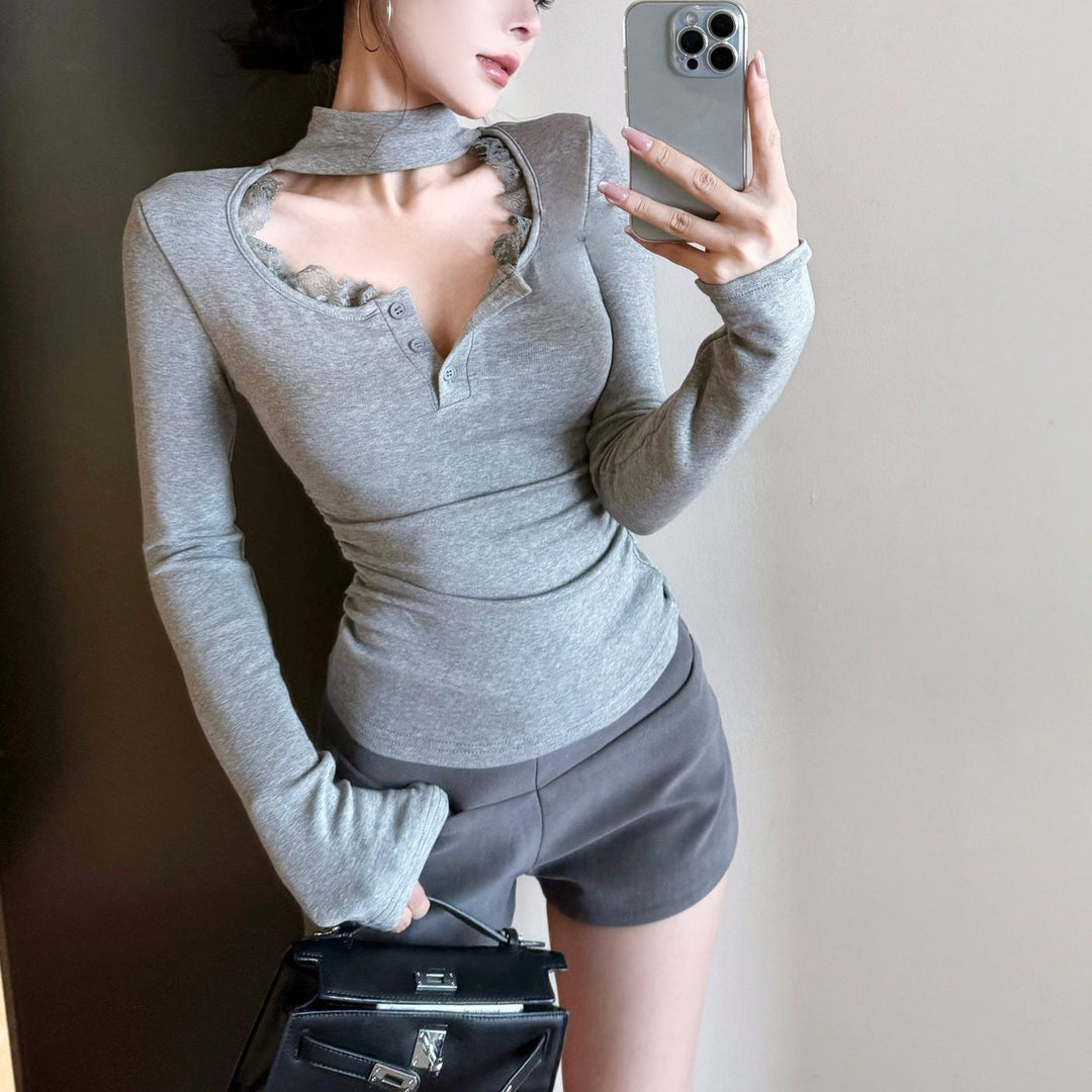 Uネックレースコンビトップス