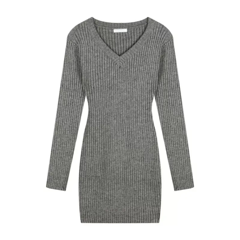 Vネックリブミニワンピース