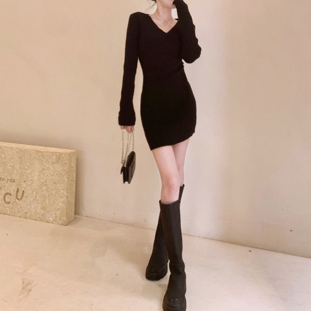 Vネックリブミニワンピース