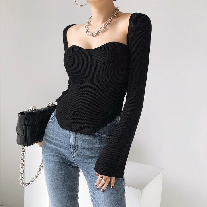 スクエアカラーリブニットトップス