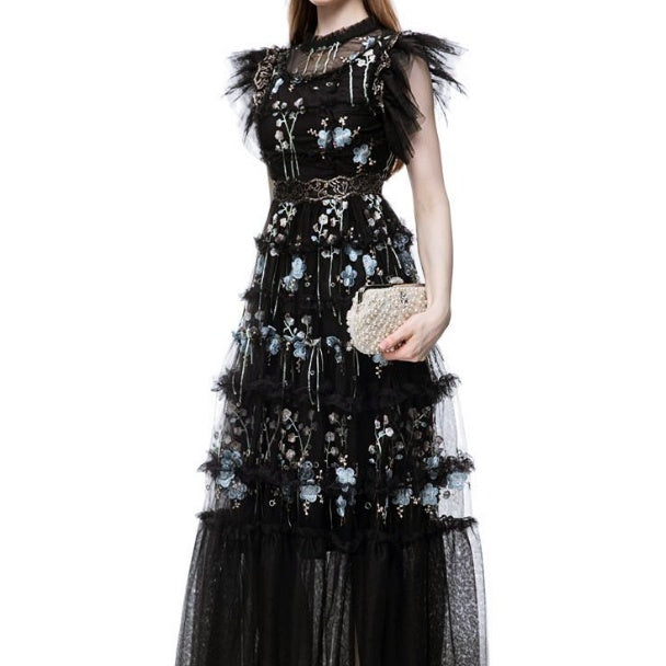 オーガンジーフリルフラワーロングドレス