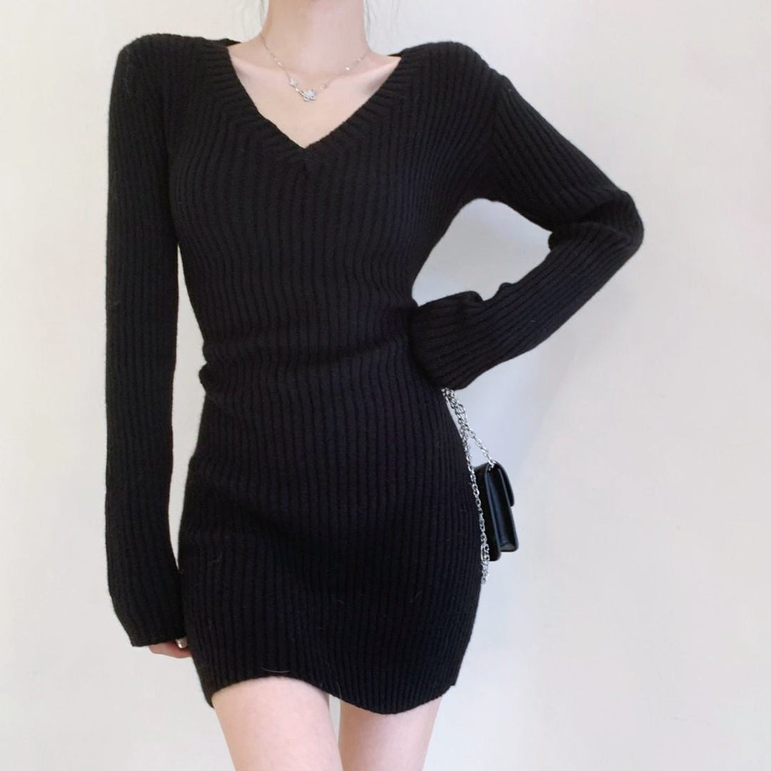 Vネックリブミニワンピース