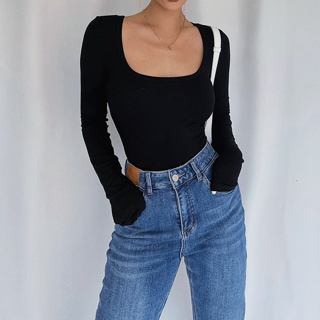 Uネックロングスリーブトップス