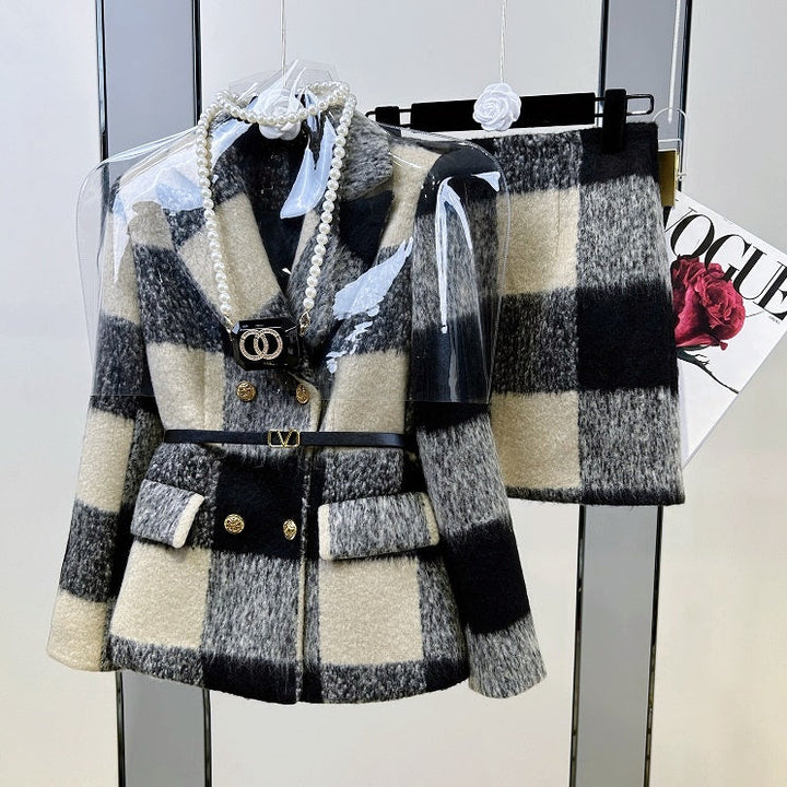 ギンガムチェックウールジャケットスカートセットアップ