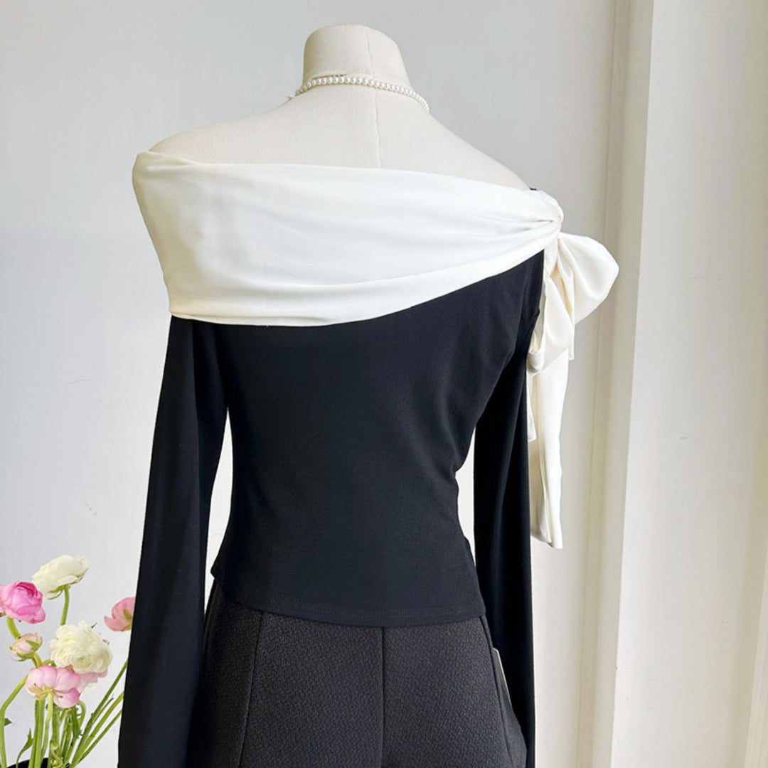 バイカラーオフショルダーリボントップス