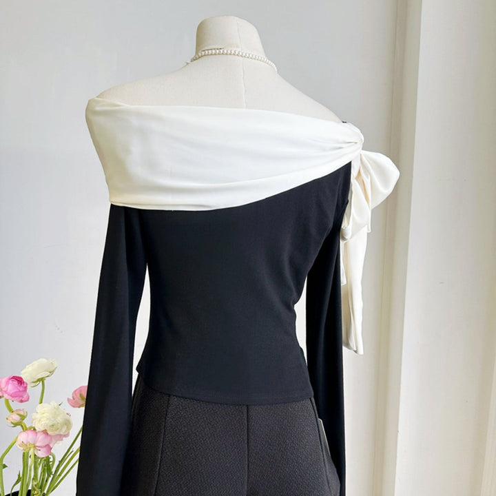 バイカラーオフショルダーリボントップス