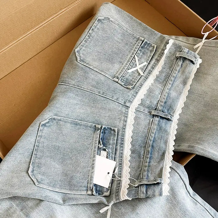 ハイウエストレースリボンワイドデニムパンツ