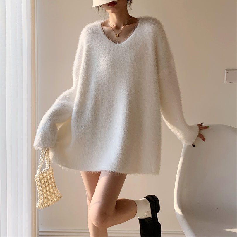 オーバーサイズVネックベルベットニット