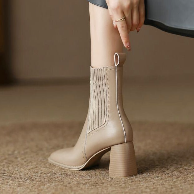 レザーリブストレッチショートブーツ