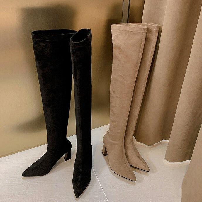 ポインテッドトゥベルベットニーハイブーツ