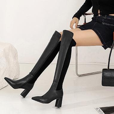 レザーストレッチニーハイブーツ
