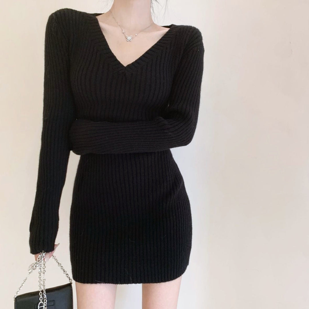Vネックリブミニワンピース