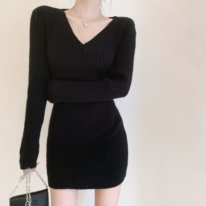 Vネックリブミニワンピース