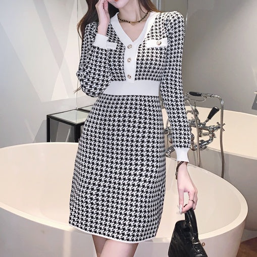 千鳥格子柄Vネックミニワンピース