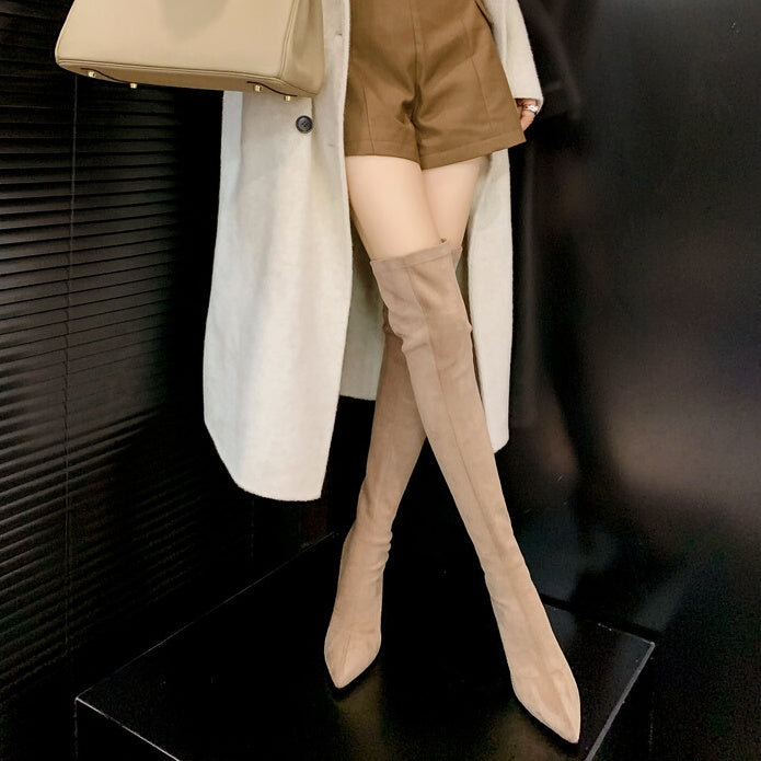 ポインテッドトゥベルベットニーハイブーツ