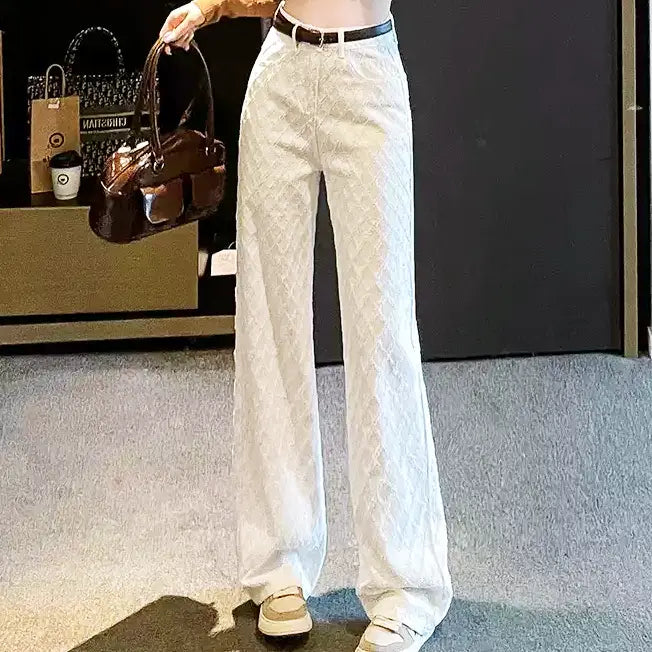 ハイウエストデザインワイドホワイトデニムパンツ