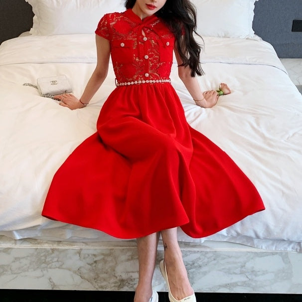 レッドレースリボンタイドレス