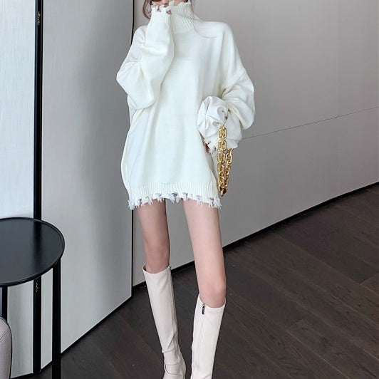 フリンジタートルニットトップス