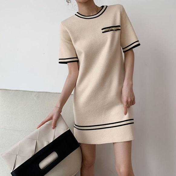 コントラストチェーンニットワンピース