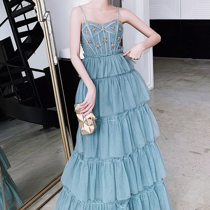 アイスブルービジューシフォンロングドレス