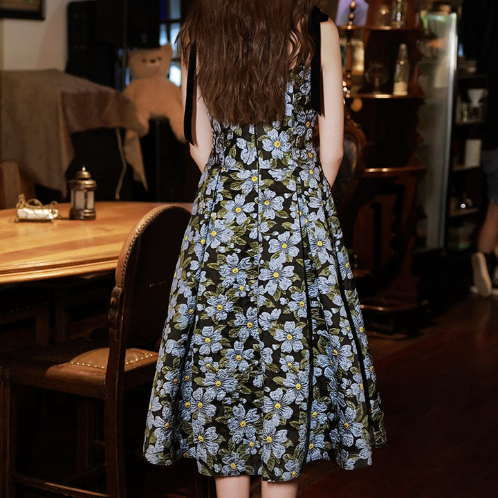 フラワージャガードリボンキャミフレアワンピース