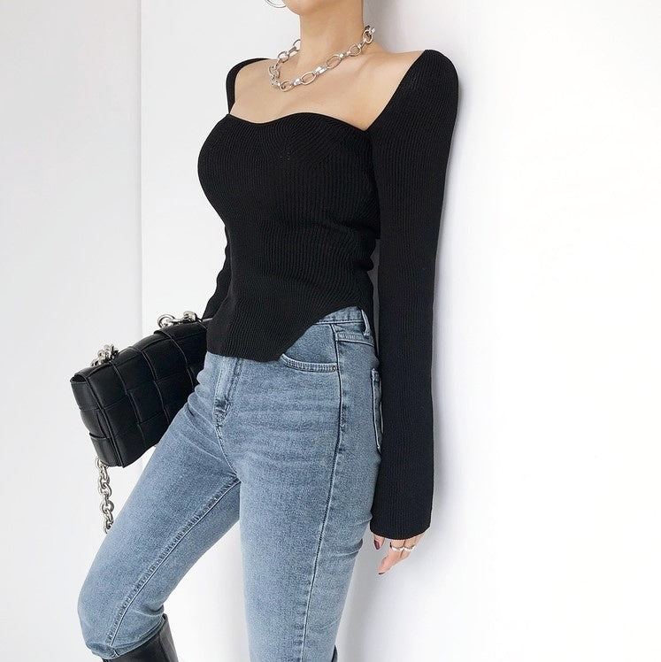 スクエアカラーリブニットトップス