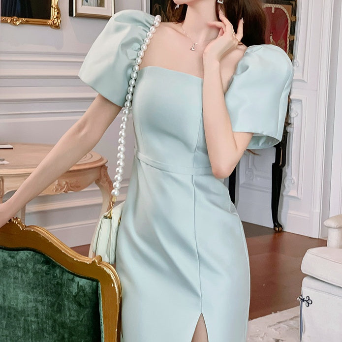 スクエアカラーパフスリーブスリットドレス