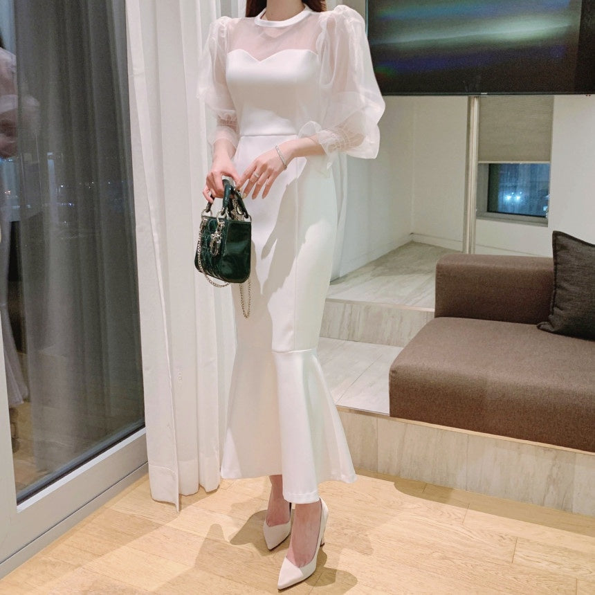 オーガンジースリーブフィッシュテールドレス